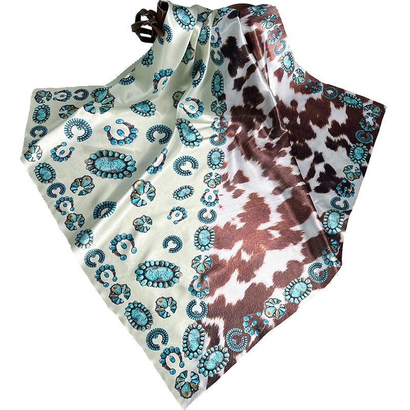 Turquoise Cow-Print Western Scarf