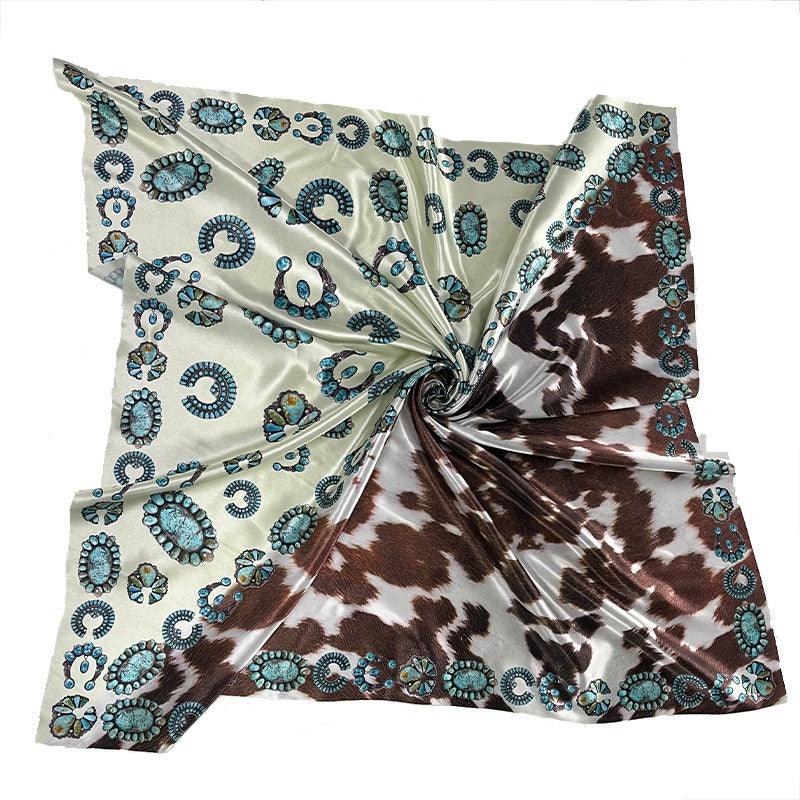 Turquoise Cow-Print Western Scarf