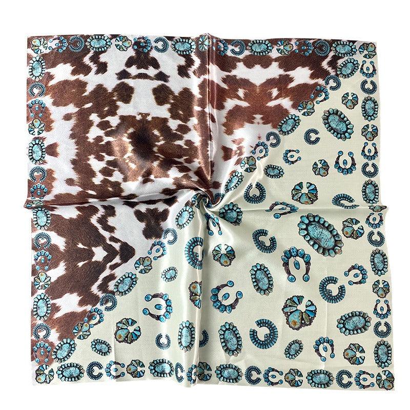 Turquoise Cow-Print Western Scarf