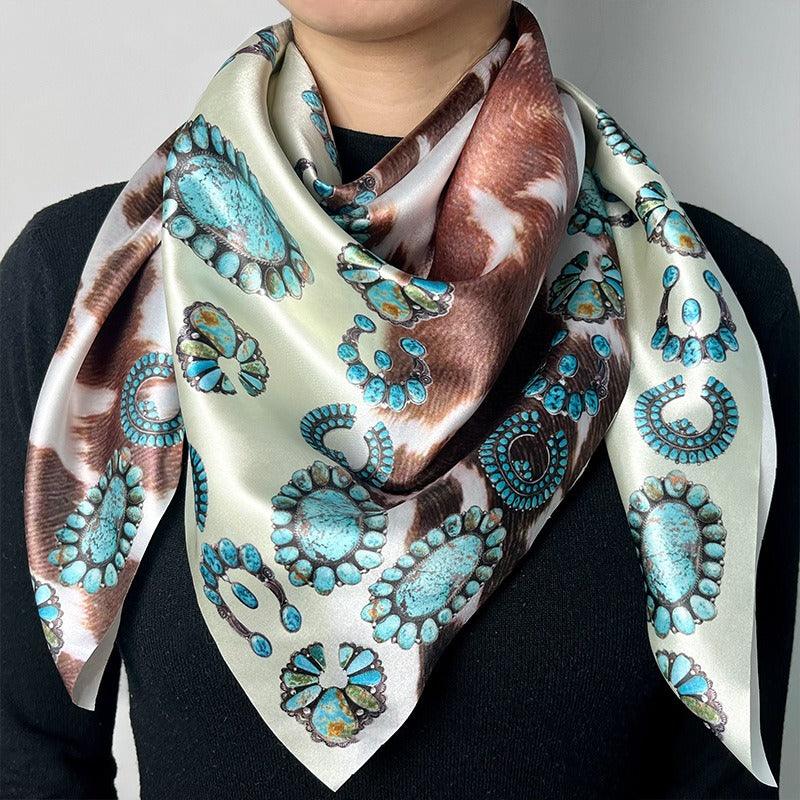 Turquoise Cow-Print Western Scarf