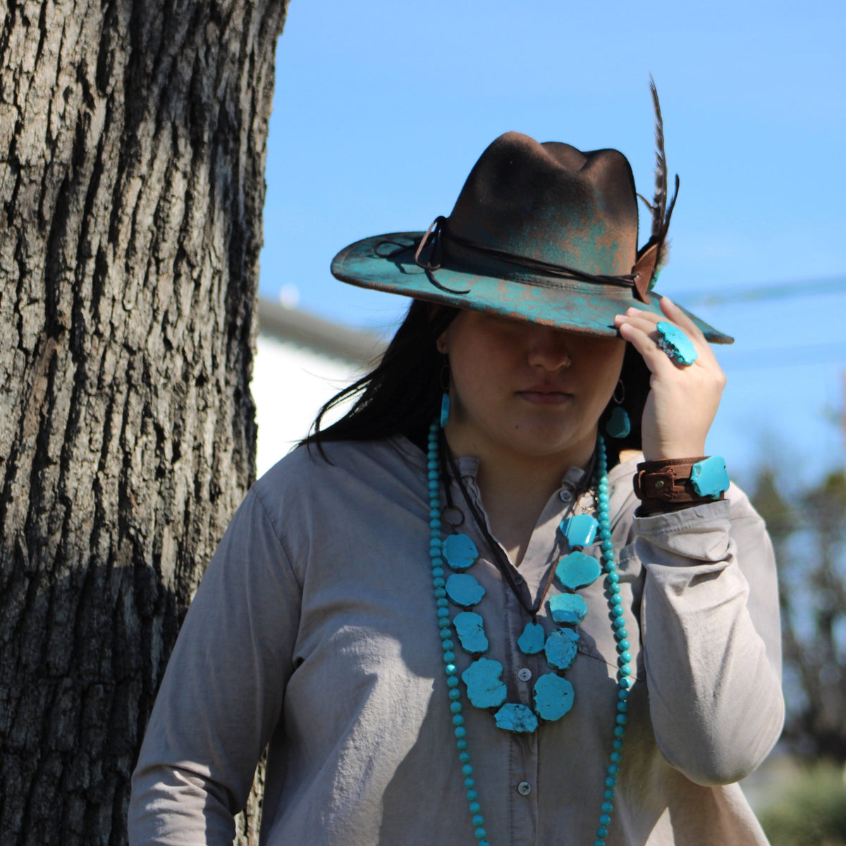 Turquoise Slab Leather-Tie Necklace