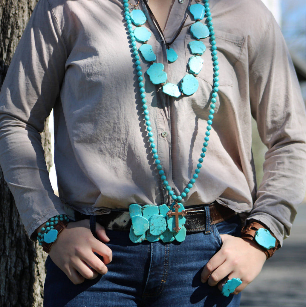 Turquoise Slab Leather-Tie Necklace