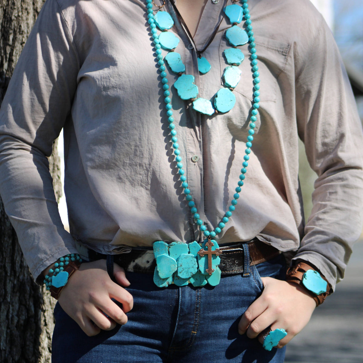Turquoise Slab Leather-Tie Necklace