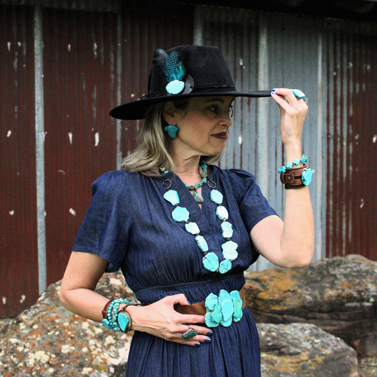 Turquoise Slab Leather-Tie Necklace